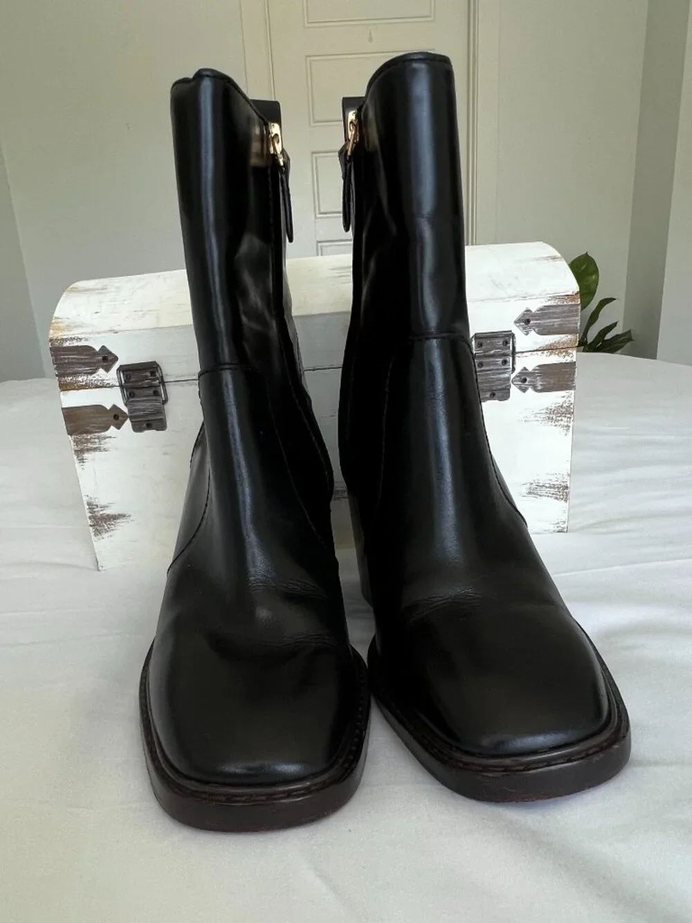 Tory Burch Sierra Black Leather Block Heeled Ankle Boots Womens Size 9.5
